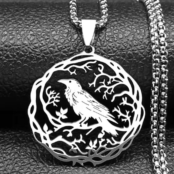 Silver Tone Gothic Raven Pendant Necklace - Stainless Steel Ball Chain #1530 - Picture 1 of 7